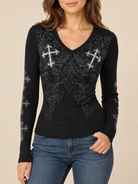 Vocal Apparel Black S Long Sleeve Rhinestone Gothic Cross Ribbed Thermal Top Y2K